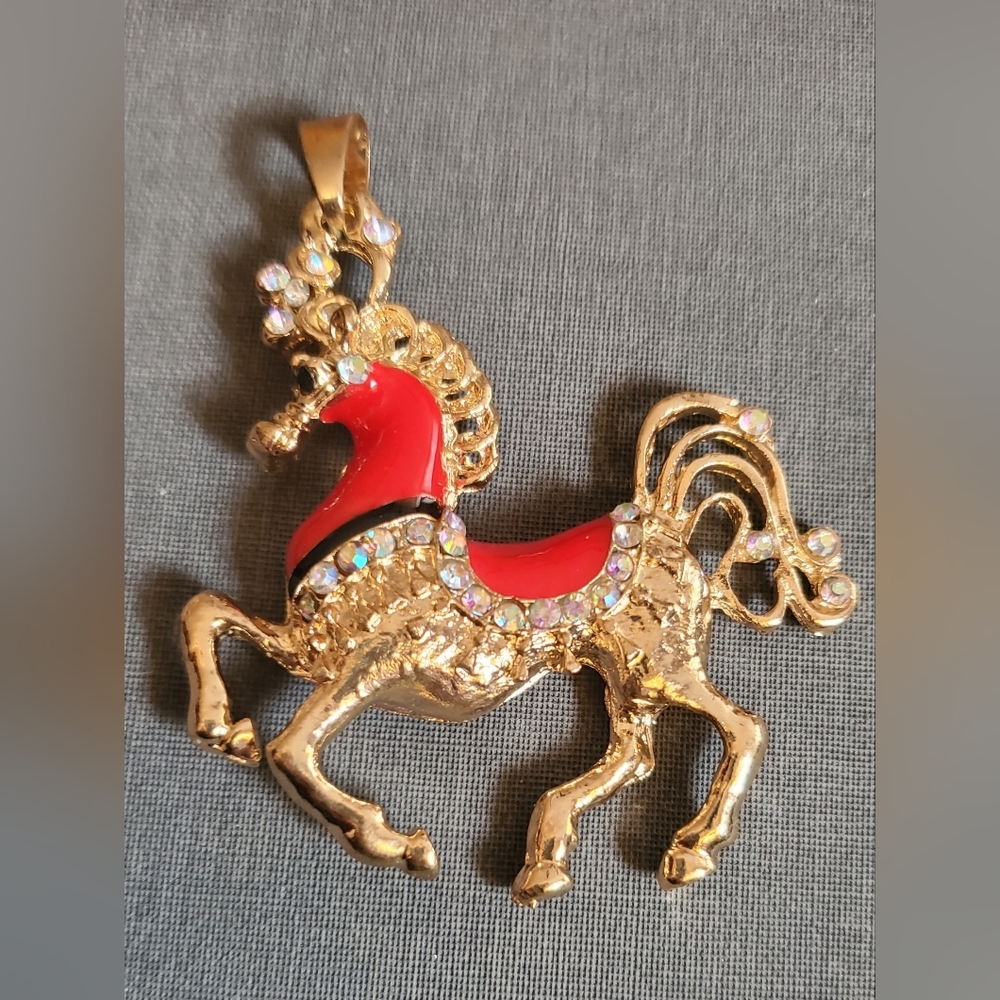 Gold-Tone Red Enamel Horse Pendant Necklace with Crystal Accents
